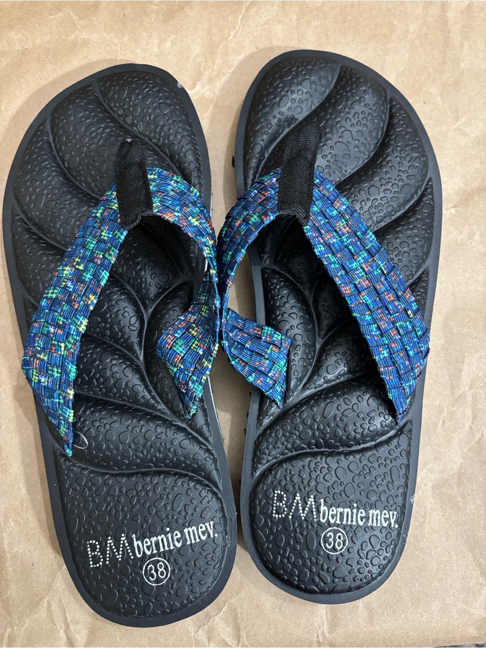 bernie mev. Black Footbed Sandals with Blue Multi Woven Straps